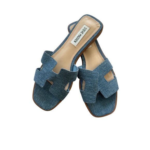 STEVE MADDEN Women's Denim Blue Flat Sandals Size 7.5 - Picture 2 of 5